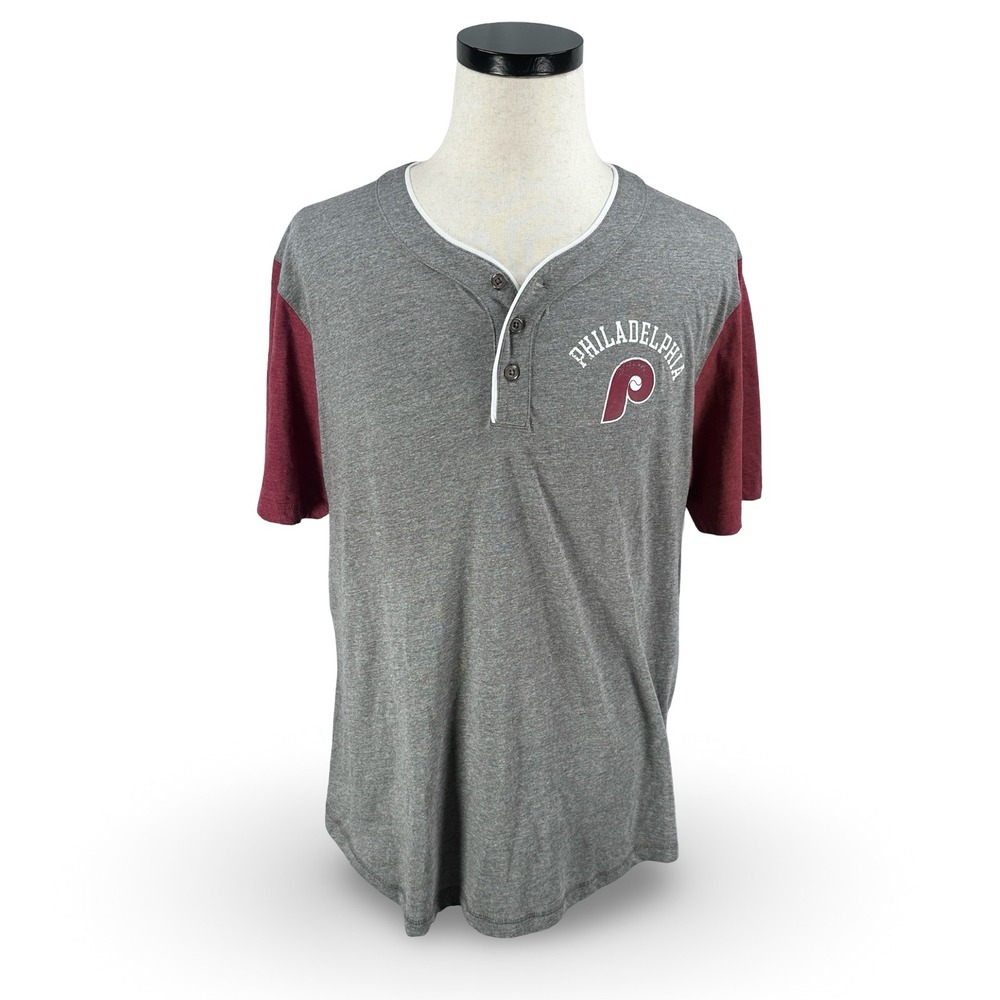 Majestic Philadelphia Phillies Mens XL Gray Maroon Henley‎ Baseball T-Shirt